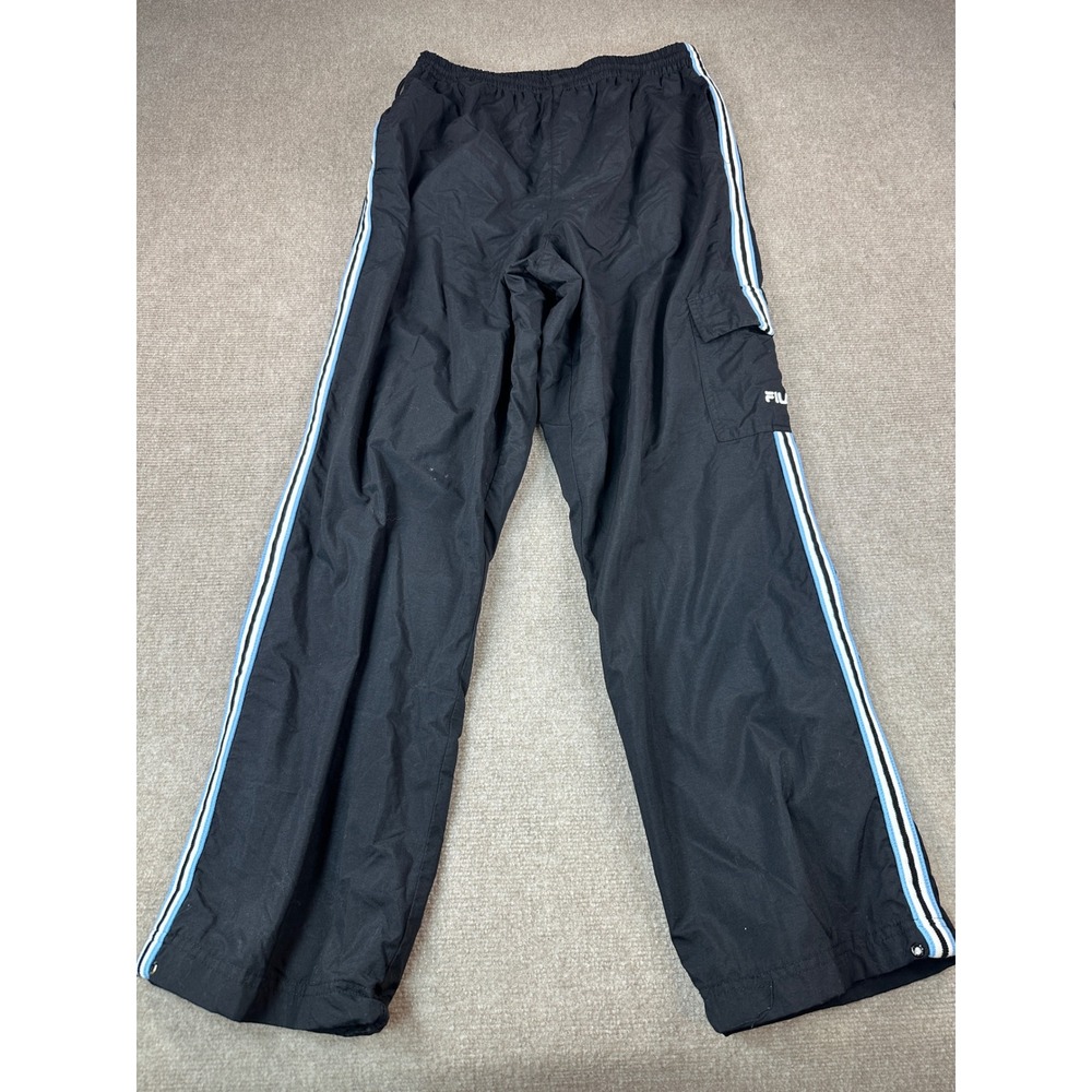 Fila Mens Black Nylon Track Pants Blue White Side Stripe Mesh Lined Cargo Size M